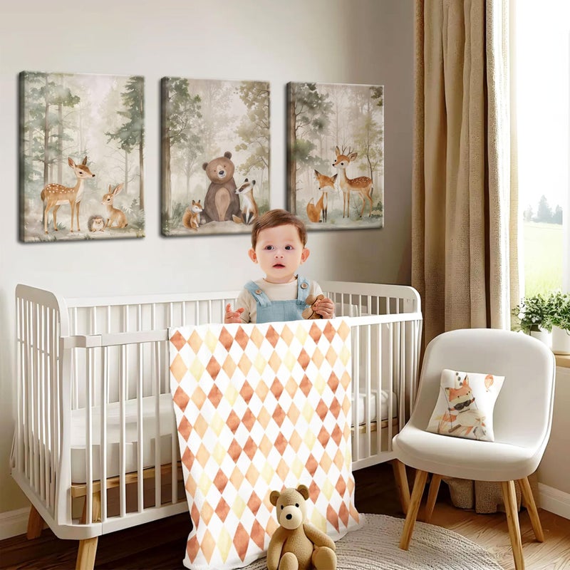 BGFCE Nursery Canvas Wall Art Set of 3 - Woodland Wild Animals Bear Fox Deer Watercolor Paintings Pictures Wall Decor, Forest Animal Decor for Boys Girls Room Decoration 12x16 inch Framed - Image 2