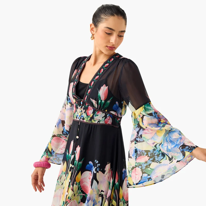 2Xtremz 2Xtremz All-Over Floral Print A-line Dress with Bell Sleeves