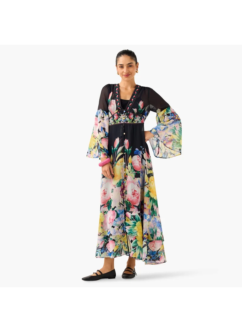 2Xtremz 2Xtremz All-Over Floral Print A-line Dress with Bell Sleeves