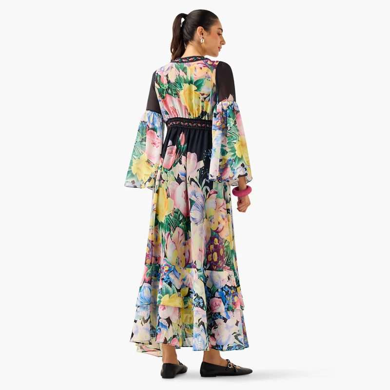 2Xtremz 2Xtremz All-Over Floral Print A-line Dress with Bell Sleeves