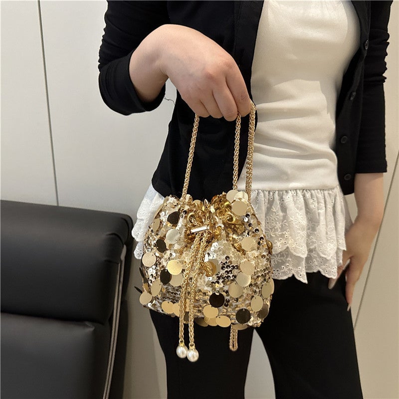 Trendy New Sequin Bucket Bag, Stylish Niche New French Chain Shoulder Crossbody Bag - Image 5