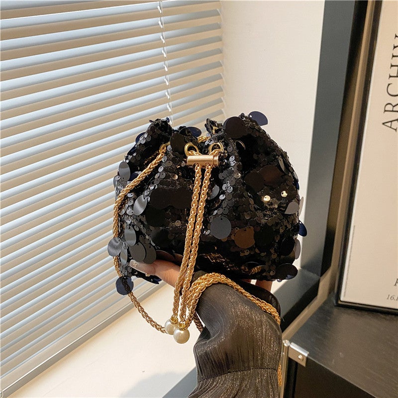 Trendy New Sequin Bucket Bag, Stylish Niche New French Chain Shoulder Crossbody Bag - Image 1