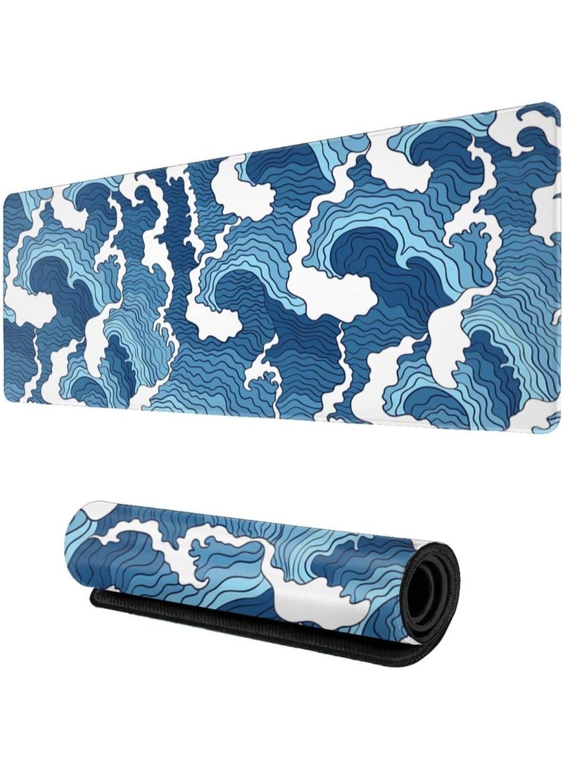 Japanese Wave Mouse Pad, Blue and White Mouse Pad, Gaming Large Long Mousepad, Extended Xl Desk Mat, Smooth, Surface Non Slip Rubber Base Stitched Edges Mice Pad, 31.5 X 11.8 Inch - Image 1