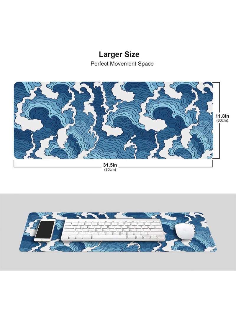 Japanese Wave Mouse Pad, Blue and White Mouse Pad, Gaming Large Long Mousepad, Extended Xl Desk Mat, Smooth, Surface Non Slip Rubber Base Stitched Edges Mice Pad, 31.5 X 11.8 Inch - Image 2