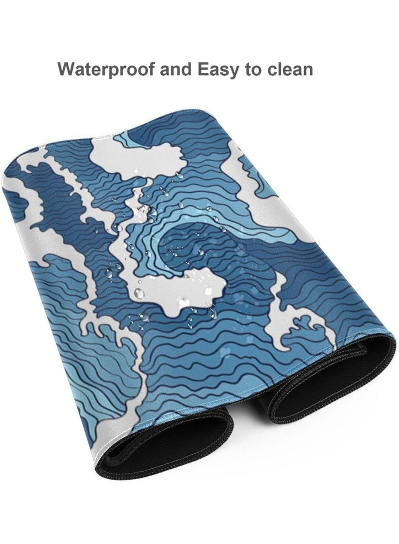 Japanese Wave Mouse Pad, Blue and White Mouse Pad, Gaming Large Long Mousepad, Extended Xl Desk Mat, Smooth, Surface Non Slip Rubber Base Stitched Edges Mice Pad, 31.5 X 11.8 Inch - Image 4