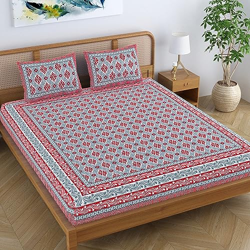 Colorish Cotton Blend Traditional Jaipuri Floral Motifs Printed Premium Bedsheet for Double Bed King Size with 2 Pillow Covers, Red | Proudly Made in India - Image 1