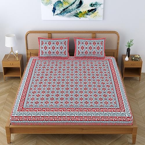 Colorish Cotton Blend Traditional Jaipuri Floral Motifs Printed Premium Bedsheet for Double Bed King Size with 2 Pillow Covers, Red | Proudly Made in India - Image 5