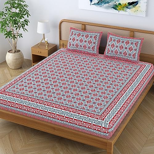Colorish Cotton Blend Traditional Jaipuri Floral Motifs Printed Premium Bedsheet for Double Bed King Size with 2 Pillow Covers, Red | Proudly Made in India - Image 3