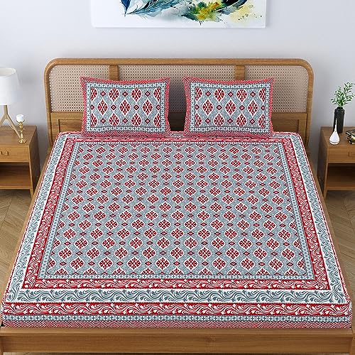 Colorish Cotton Blend Traditional Jaipuri Floral Motifs Printed Premium Bedsheet for Double Bed King Size with 2 Pillow Covers, Red | Proudly Made in India - Image 2
