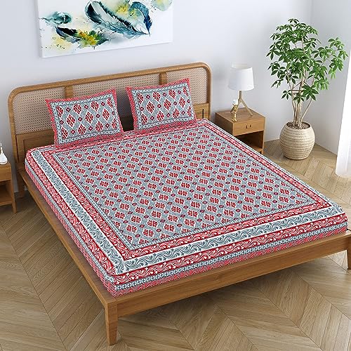Colorish Cotton Blend Traditional Jaipuri Floral Motifs Printed Premium Bedsheet for Double Bed King Size with 2 Pillow Covers, Red | Proudly Made in India - Image 4