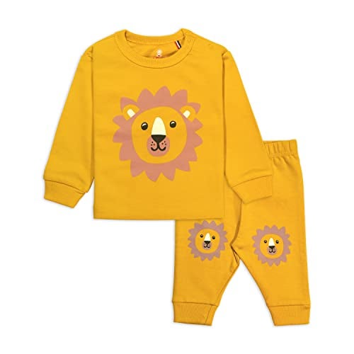 ARIEL Cotton Fleece Pajama Set For Boys & Girls - Unisex Winter Clothing Sets Full Sleeve T-Shirt & Pant, Yellow Lion, 3 Months-6 Months - Image 1