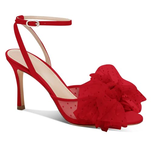 Coutgo Womens Bow Tie Heels Sandals Slingback Peep Toe Wedding Heels Mesh High Stiletto Heel Summer Cute Wedding Bridal Shoes - Image 1