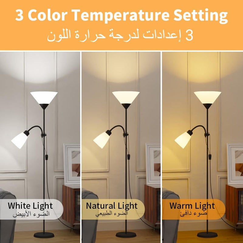 Snooe مصباح أرضي، إضاءة أرضية LED مع ضوء قراءة قابل للتعديل، ضوء طويل الأمد لغرفة المعيشة وغرفة النوم والمكتب (أسود) - Image 2