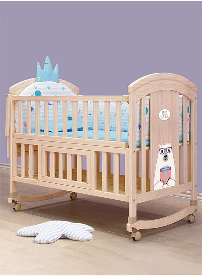 Star Core - 4 in 1 Height Adjustable Wooden Mobile Crib, Multifunctional Cradle, Playpen, Newborn Sleeping Crib, Easy to Assemble, Comes with Mattress, Four-piece Bedding Set, Mosquito Net (104CM * 60CM * 97CM) - Image 1