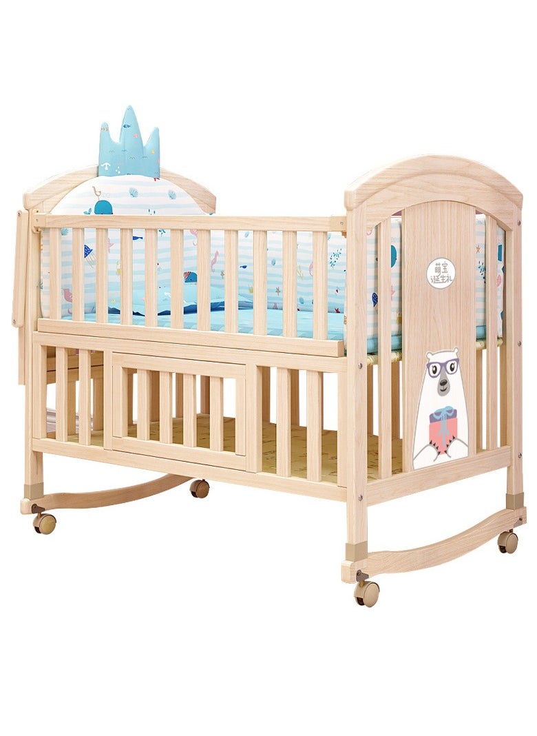 Star Core - 4 in 1 Height Adjustable Wooden Mobile Crib, Multifunctional Cradle, Playpen, Newborn Sleeping Crib, Easy to Assemble, Comes with Mattress, Four-piece Bedding Set, Mosquito Net (104CM * 60CM * 97CM) - Image 1