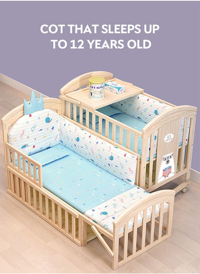 Star Core - 4 in 1 Height Adjustable Wooden Mobile Crib, Multifunctional Cradle, Playpen, Newborn Sleeping Crib, Easy to Assemble, Comes with Mattress, Four-piece Bedding Set, Mosquito Net (104CM * 60CM * 97CM) - Image 1