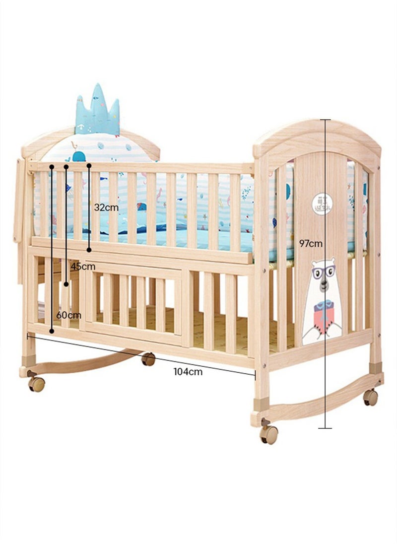 Star Core - 4 in 1 Height Adjustable Wooden Mobile Crib, Multifunctional Cradle, Playpen, Newborn Sleeping Crib, Easy to Assemble, Comes with Mattress, Four-piece Bedding Set, Mosquito Net (104CM * 60CM * 97CM) - Image 1