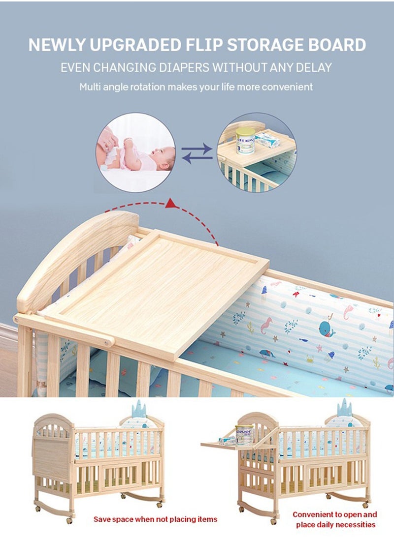 Star Core - 4 in 1 Height Adjustable Wooden Mobile Crib, Multifunctional Cradle, Playpen, Newborn Sleeping Crib, Easy to Assemble, Comes with Mattress, Four-piece Bedding Set, Mosquito Net (104CM * 60CM * 97CM) - Image 1