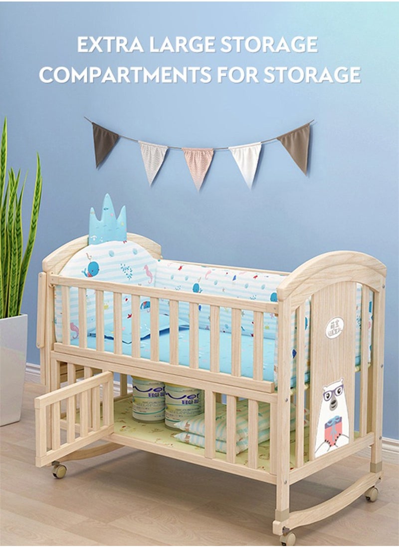 Star Core - 4 in 1 Height Adjustable Wooden Mobile Crib, Multifunctional Cradle, Playpen, Newborn Sleeping Crib, Easy to Assemble, Comes with Mattress, Four-piece Bedding Set, Mosquito Net (104CM * 60CM * 97CM) - Image 1