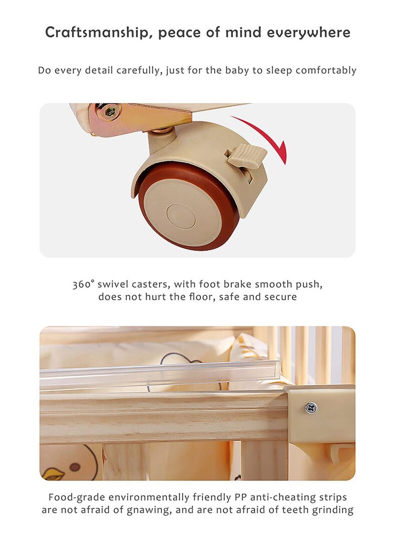 Star Core - 4 in 1 Height Adjustable Wooden Mobile Crib, Multifunctional Cradle, Playpen, Newborn Sleeping Crib, Easy to Assemble, Comes with Mattress, Four-piece Bedding Set, Mosquito Net (104CM * 60CM * 97CM) - Image 1