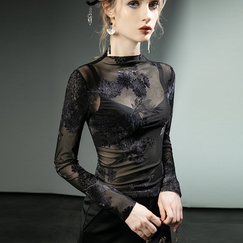 Guofeng Flocking Lace Shirt Thin Mesh Hollow Long Sleeve Western Style Base Shirt - Image 4