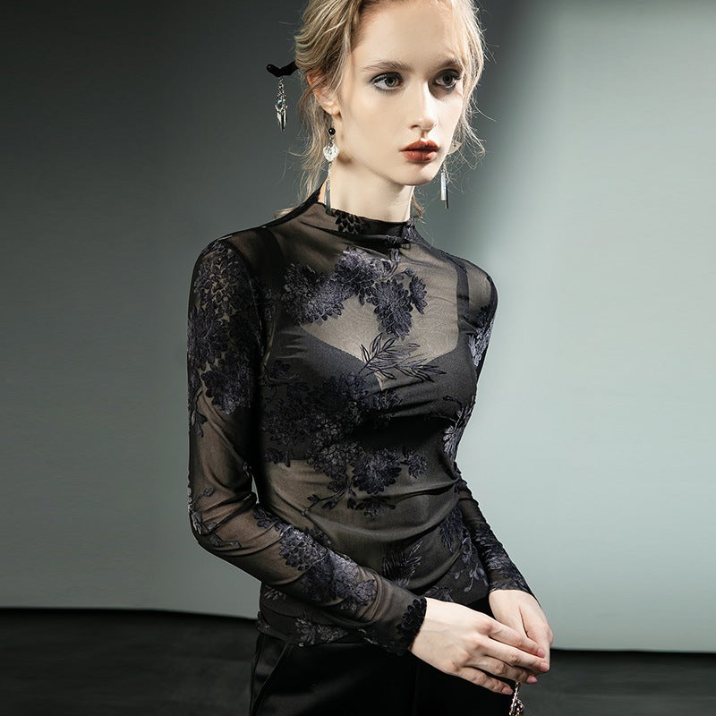 Guofeng Flocking Lace Shirt Thin Mesh Hollow Long Sleeve Western Style Base Shirt - Image 3