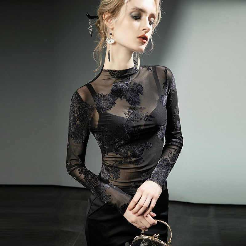 Guofeng Flocking Lace Shirt Thin Mesh Hollow Long Sleeve Western Style Base Shirt - Image 5