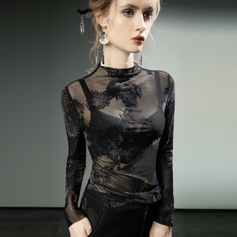 Guofeng Flocking Lace Shirt Thin Mesh Hollow Long Sleeve Western Style Base Shirt - Image 1
