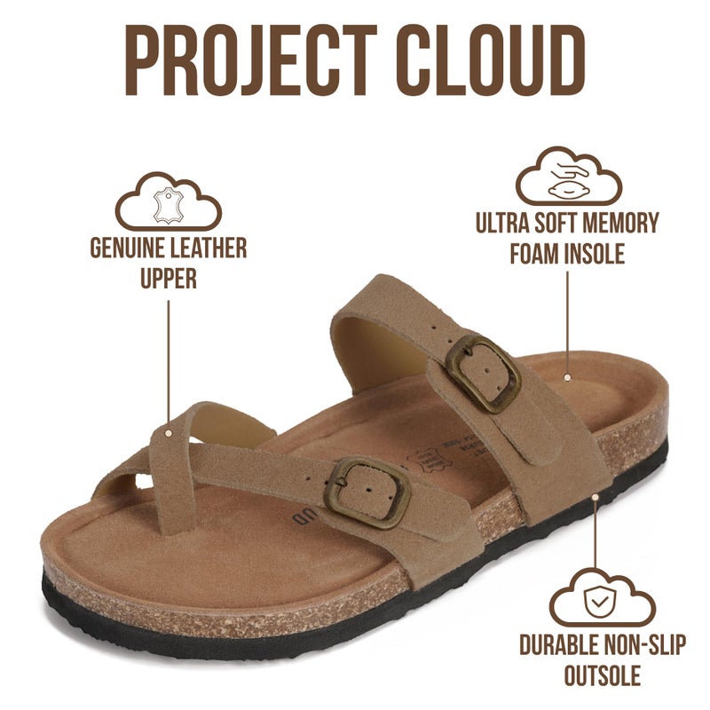 Project Cloud 100% Genuine Leather Womens Sandals -Lightweight Womens Slides Memory Foam Insole & Cork Footbed Sandals Women - Non-Slip Beach Essentials Summer Sandals for Women 2026(Lian,CHSTNUT,8) - Image 3