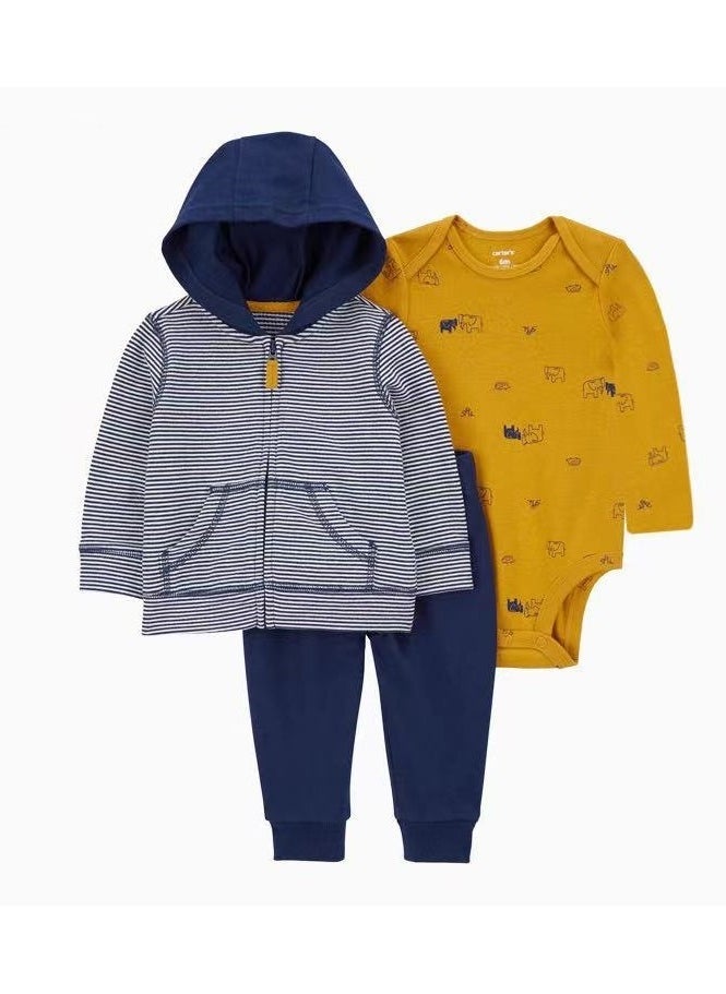 RedMapleTEK Baby Boy And Girl Sweater Jacket Hooded Coat Long-Sleeved Jumpsuit Baby Three-Piece Set - Image 1