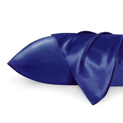 Mush BePlush Collection Satin Pillow Cover Set of 2 with Envelope Closure and 3 Satin Scrunchies | Silk Pillow Cover for Hair and Skin Care| Hair & Skin Care Gift Combo | 400TC | Navy Blue - Image 1