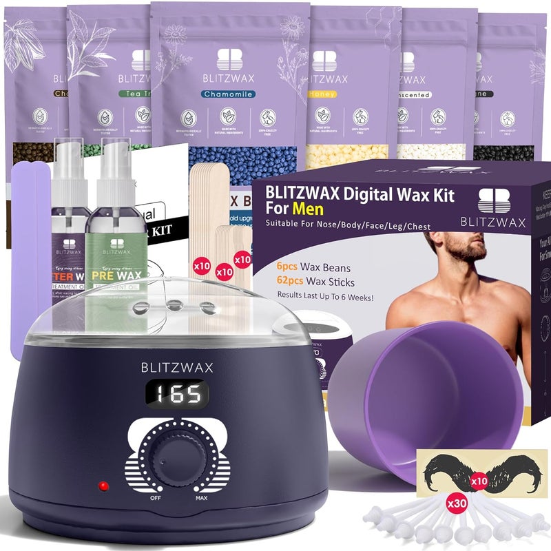طقم شمع الأنف BLITZWAX لإزالة الشعر للرجال والنساء طقم شمع رقمي مع ملصقات لحية للبشرة الحساسة للشارب والجسم والوجه والساق والظهر طقم شمع كامل للمبتدئين في المنزل