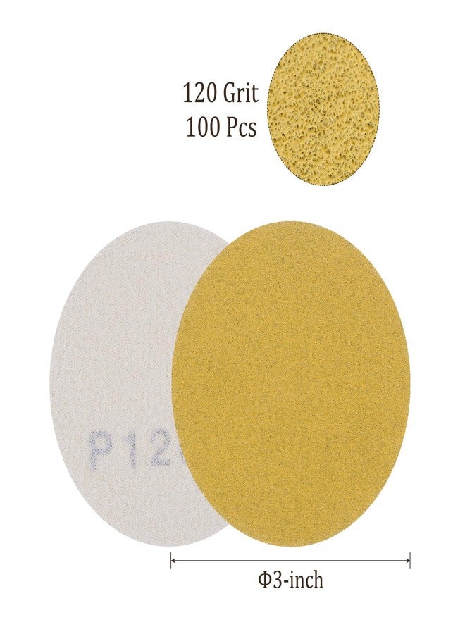 Kozelo 100pcs No Hole Sanding Discs- [ 3 Inch 120 Grit ] Round Hook and Loop Grip Sanding Pads Sheet Sandpaper for Automotive Woodworking Metal Polishing Use| Gold, Aluminum Oxide - Image 3