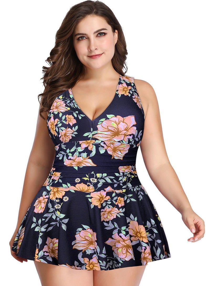 Womens Floral Printed 2 Peice Set Swimsuits Tummy Control V-Neck Wide Straps Swim Dress And Boxer Brief Swimwear Bathing Suits Black Mix  - Image 1