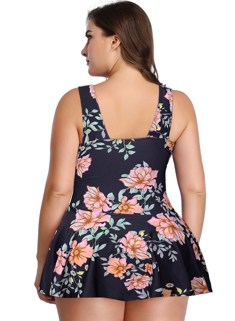 Womens Floral Printed 2 Peice Set Swimsuits Tummy Control V-Neck Wide Straps Swim Dress And Boxer Brief Swimwear Bathing Suits Black Mix  - Image 3