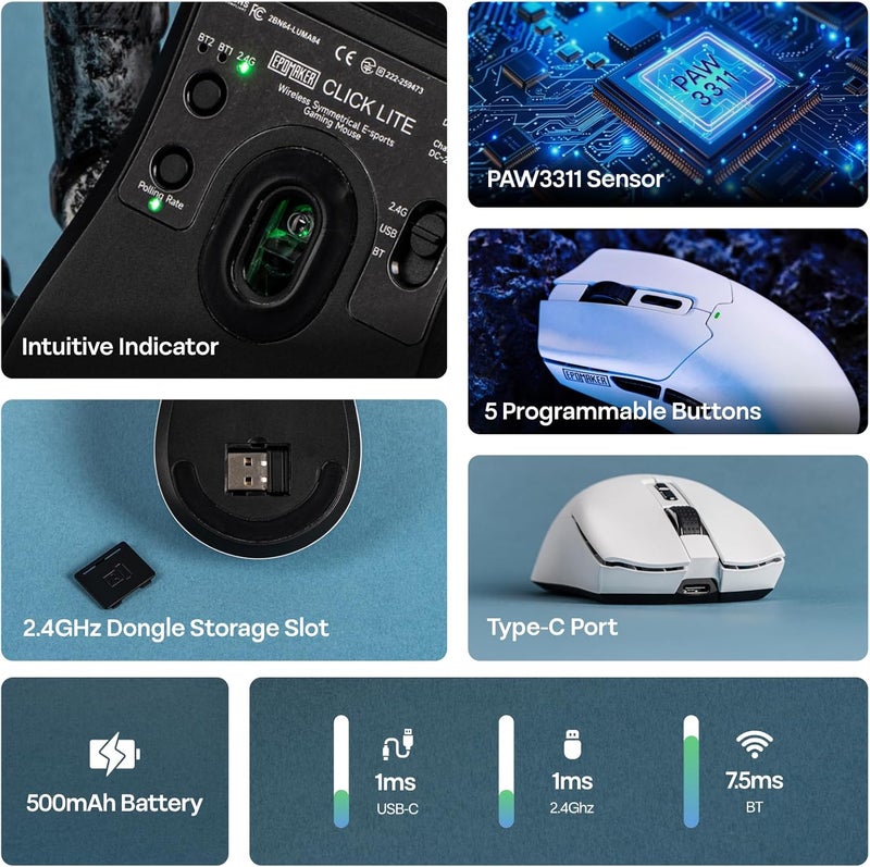 EPOMAKER Click Lite Wireless Gaming Mouse, 800 to 12,000 DPI Adjustable, PAW3311 Sensor, 500mAh, 59g, 2.4G/Bluetooth/USB-C Rechargeable with 5 Programmable Buttons for PC/Mac/Linux (White) - Image 3