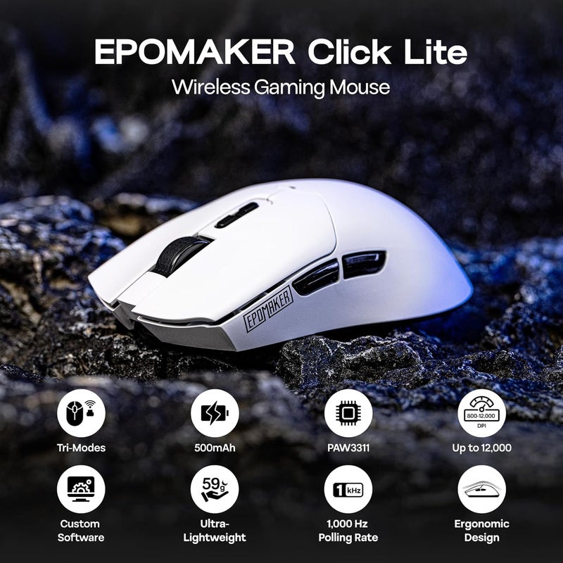 EPOMAKER Click Lite Wireless Gaming Mouse, 800 to 12,000 DPI Adjustable, PAW3311 Sensor, 500mAh, 59g, 2.4G/Bluetooth/USB-C Rechargeable with 5 Programmable Buttons for PC/Mac/Linux (White) - Image 2