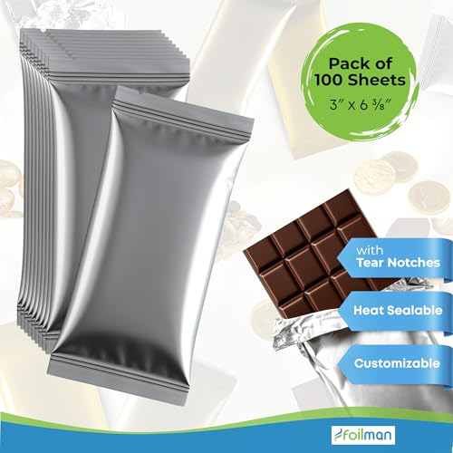 Foilman - Heat Seal Bags (Metallized) For Chocolate Bar Wrapping - Actual bags size 3 x 6 3/8 - Fits Bar Size 2.25 x 5.5 Inches (100 Pack) (Silver) - Image 2