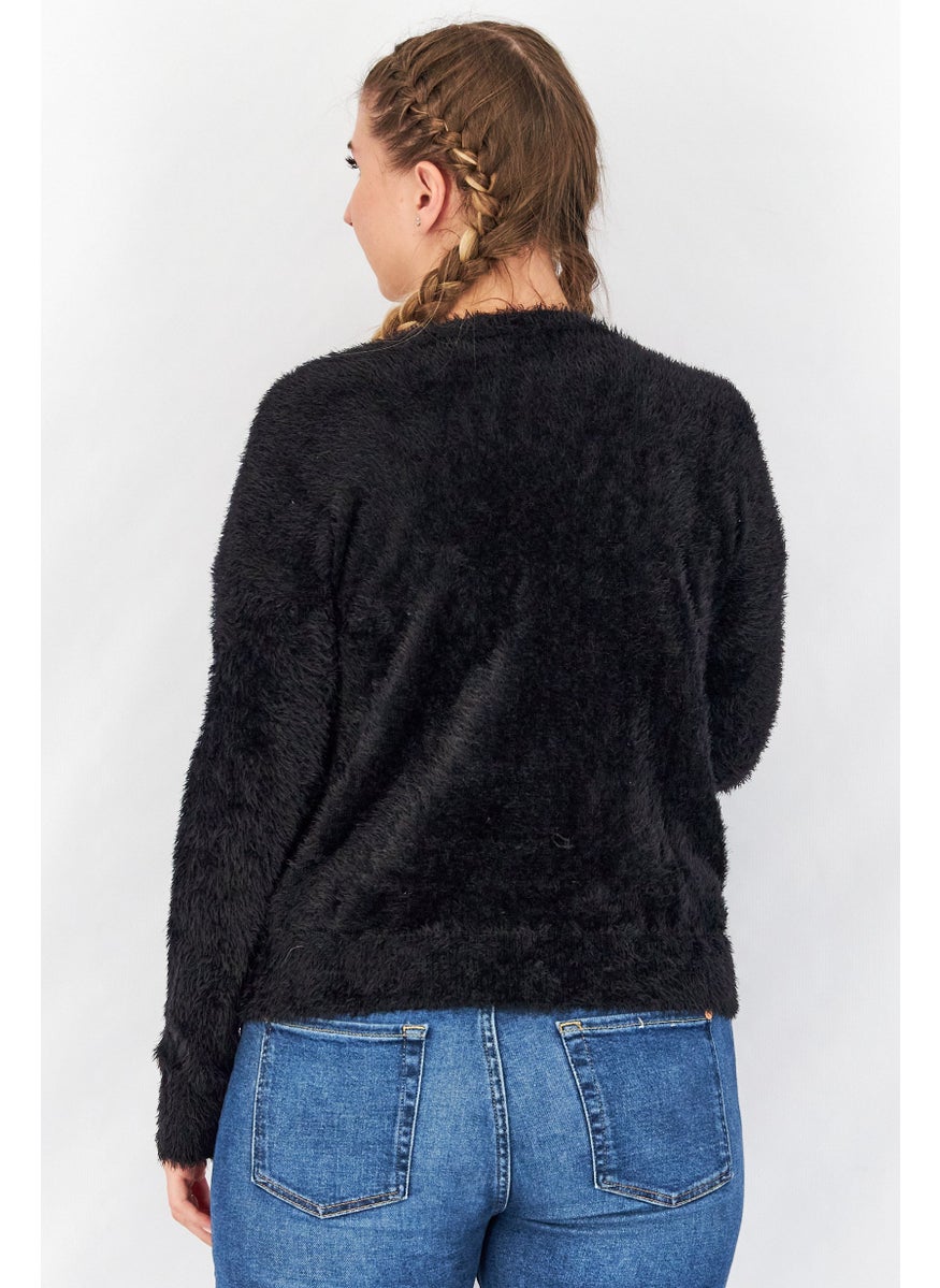 TWINSET - Women Plunging Neckline Textured Sweater, Black - Image 1
