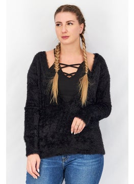 Women Plunging Neckline Textured Sweater, Black