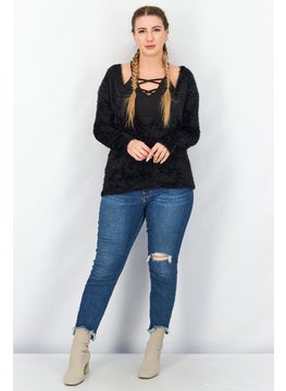 TWINSET Women Plunging Neckline Textured Sweater, Black  - Image 3