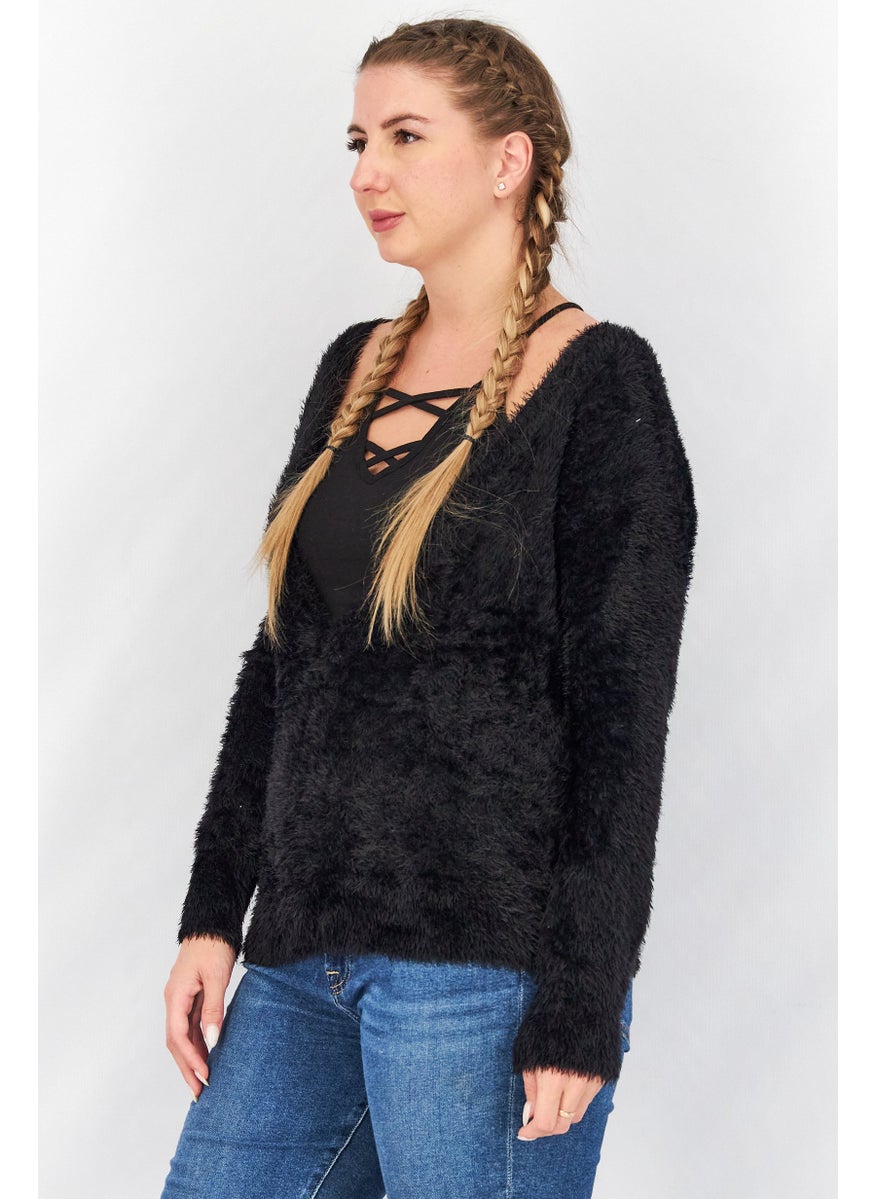 TWINSET - Women Plunging Neckline Textured Sweater, Black - Image 1
