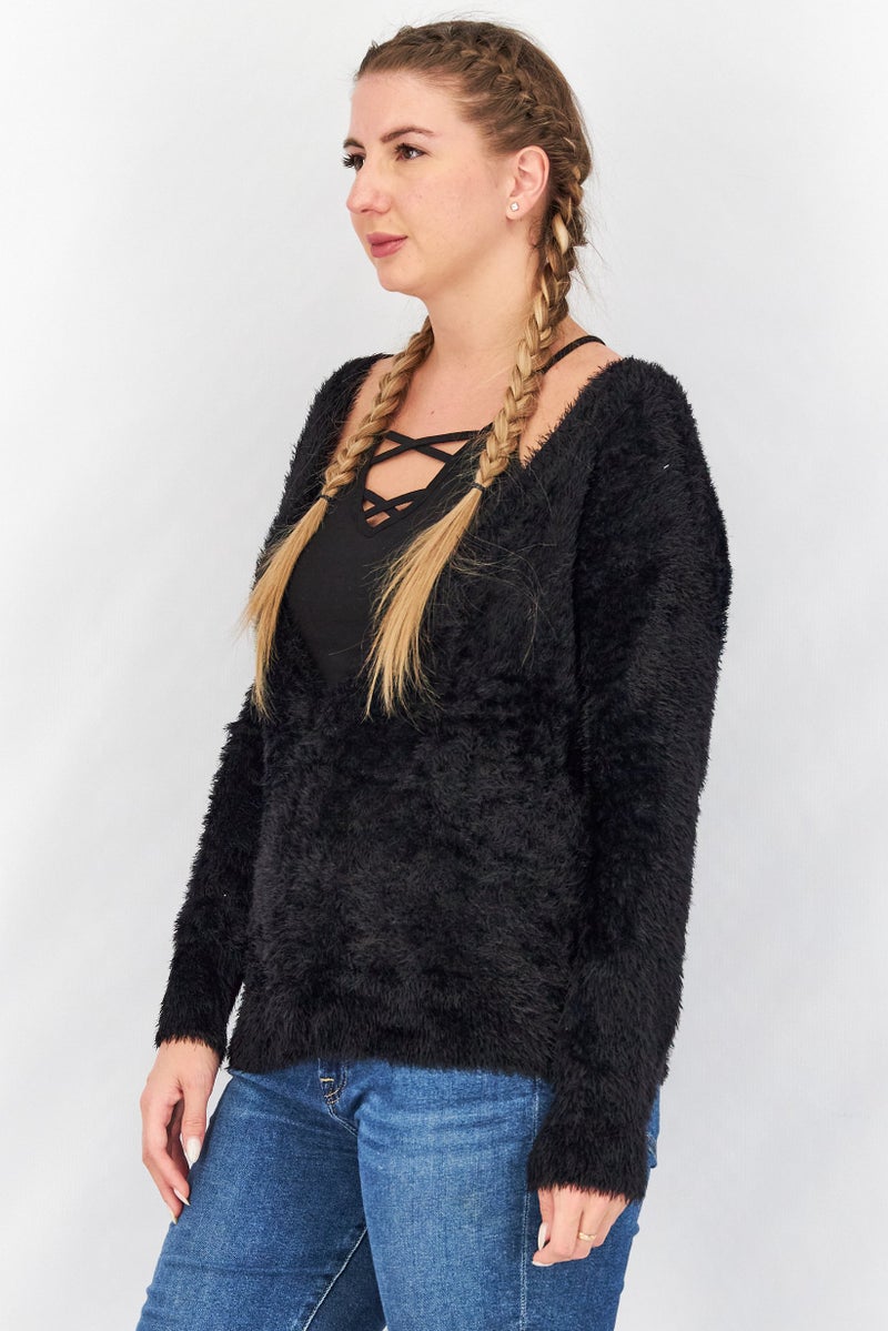 TWINSET Women Plunging Neckline Textured Sweater, Black - Image 2