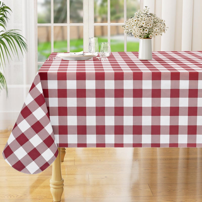 misaya Rectangle Waterproof Vinyl Table Cloth, Buffalo Flannel Backed Tablecloth, Wipeable Plastic Table Cover for Dinner, Kitchen, Outdoor (60" x 84", Burgundy and White) - Image 1
