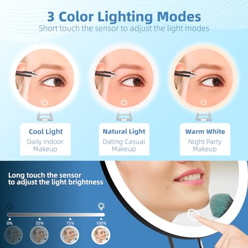 Suupvaor 30x Magnifying Mirror with Light, Large 6" Rechargeable Lighted 30x Magnified Mirror with Suction Cups & Table Stand, 3 Color Modes Dimmable Light up Travel Magnifying Makeup Mirror High Magnification - Image 2