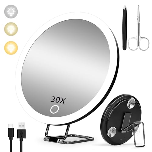 Suupvaor 30x Magnifying Mirror with Light, Large 6" Rechargeable Lighted 30x Magnified Mirror with Suction Cups & Table Stand, 3 Color Modes Dimmable Light up Travel Magnifying Makeup Mirror High Magnification - Image 1