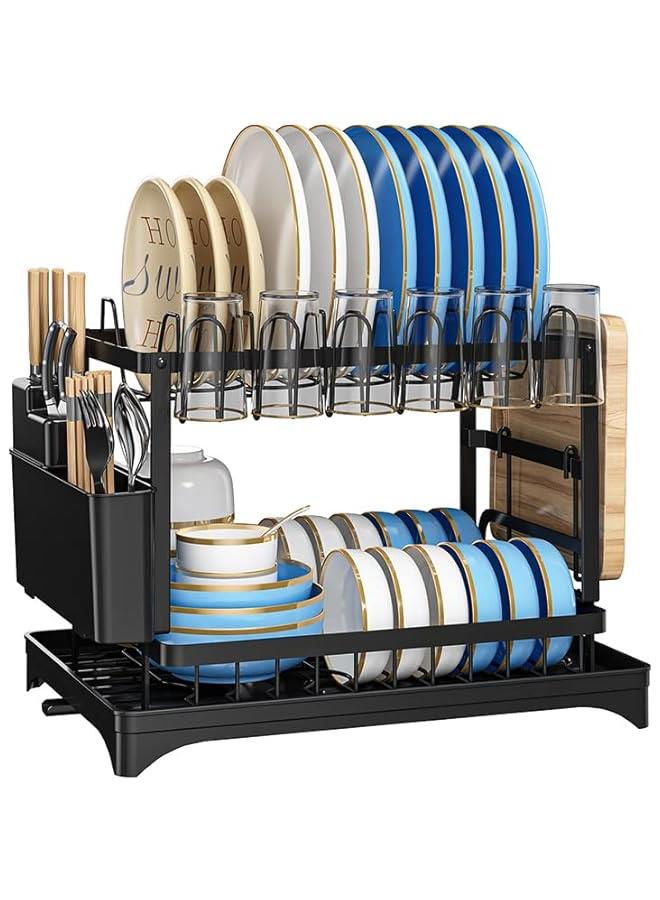 بيوينتي 2-Tier Dish Drying Rack – Save Space Dish Rack with Utensil Holder, Cutting Board Holder & Drainboard Tray | Large Capacity, Rustproof Kitchen Drainer,42 * 30 * 29cm,Black - Image 1