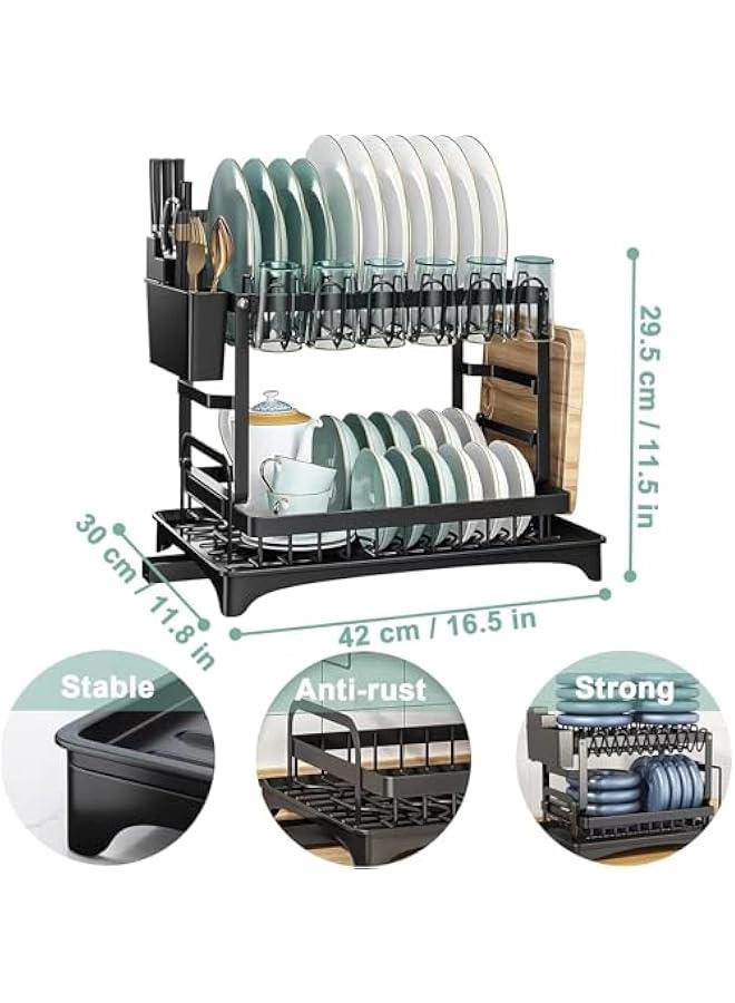 بيوينتي 2-Tier Dish Drying Rack – Save Space Dish Rack with Utensil Holder, Cutting Board Holder & Drainboard Tray | Large Capacity, Rustproof Kitchen Drainer,42 * 30 * 29cm,Black - Image 5