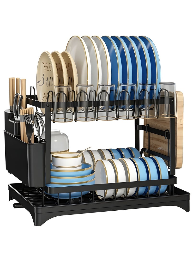 بيوينتي 2-Tier Dish Drying Rack – Save Space Dish Rack with Utensil Holder, Cutting Board Holder & Drainboard Tray | Large Capacity, Rustproof Kitchen Drainer,42 * 30 * 29cm,Black - Image 1