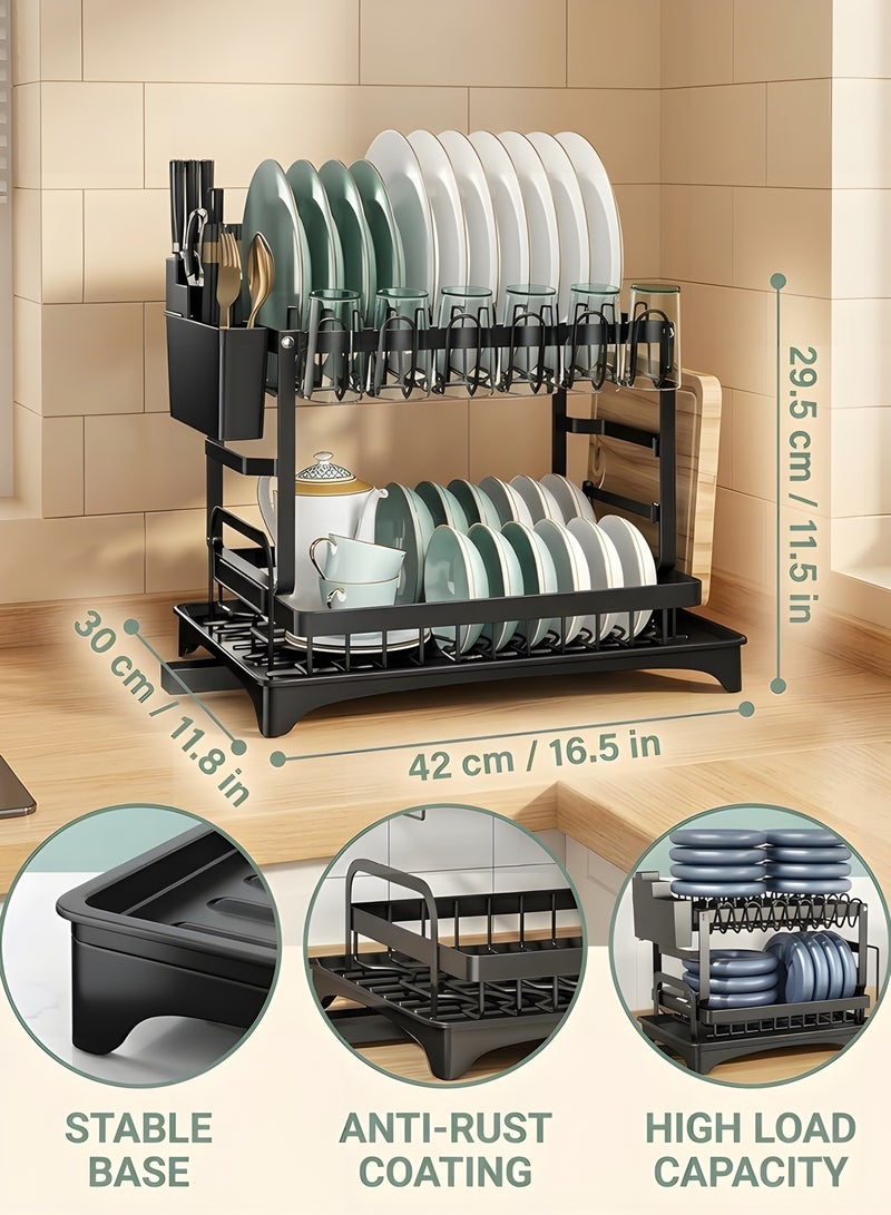 بيوينتي 2-Tier Dish Drying Rack – Save Space Dish Rack with Utensil Holder, Cutting Board Holder & Drainboard Tray | Large Capacity, Rustproof Kitchen Drainer,42 * 30 * 29cm,Black - Image 2